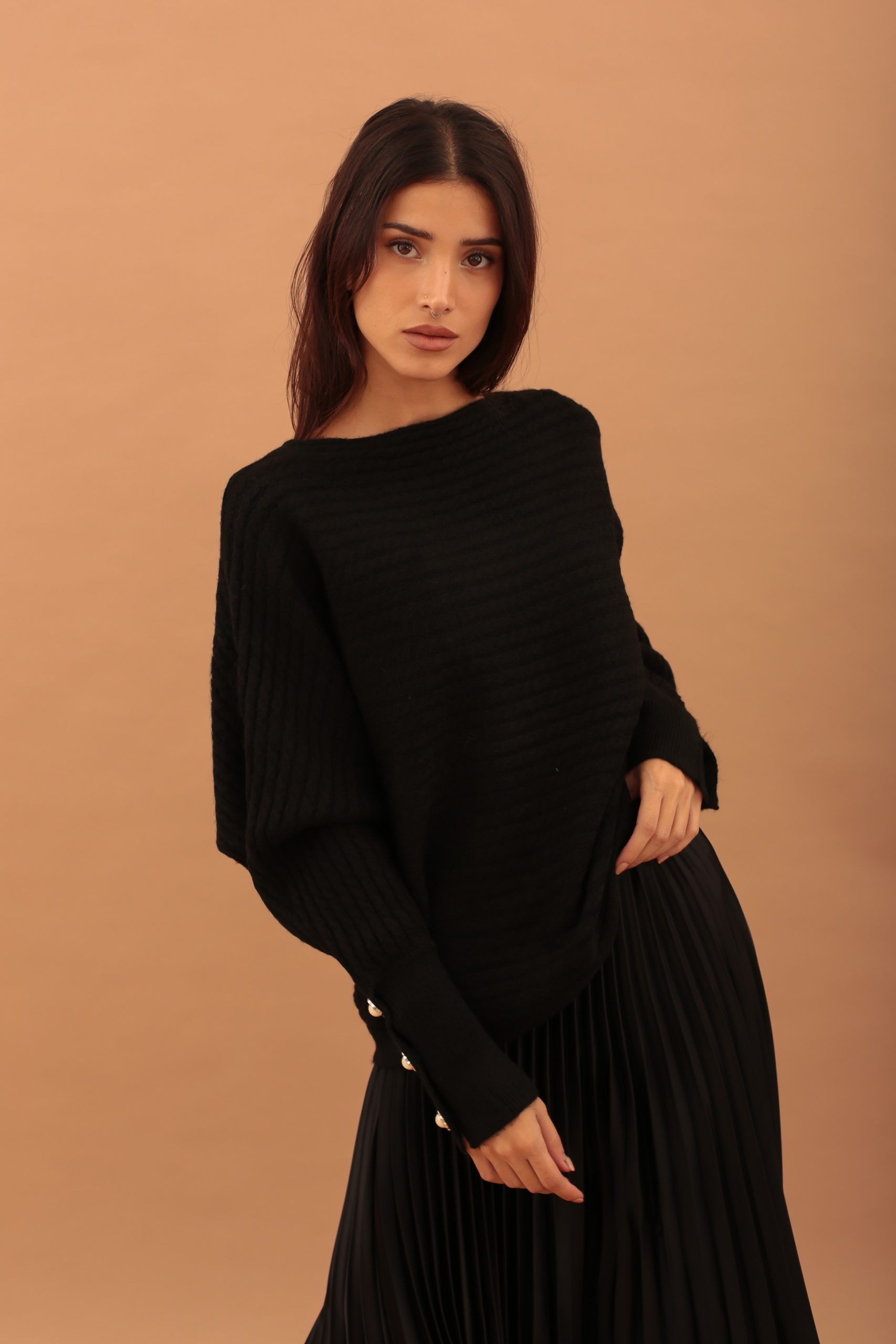 PEARL SLEEVE KNIT TOP - BLACK - Image 2