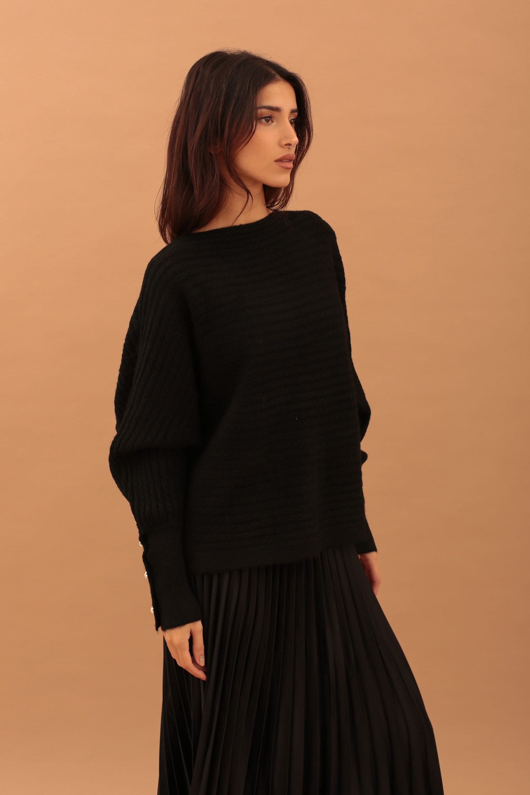 PEARL SLEEVE KNIT TOP - BLACK - Image 4