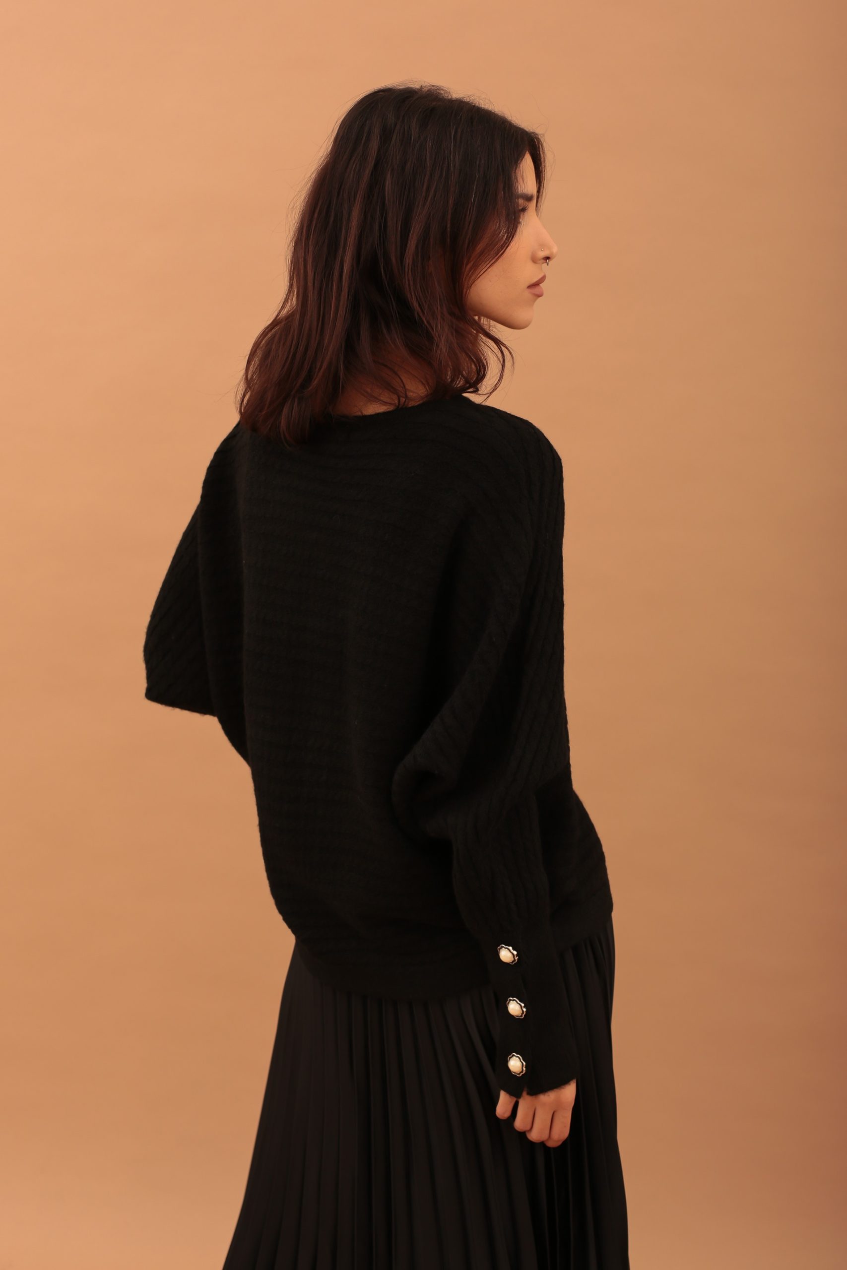 PEARL SLEEVE KNIT TOP - BLACK - Image 3