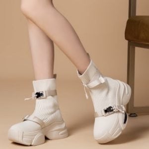 BALMEN SOCK BUCKLED BOOTIES - BEIGE