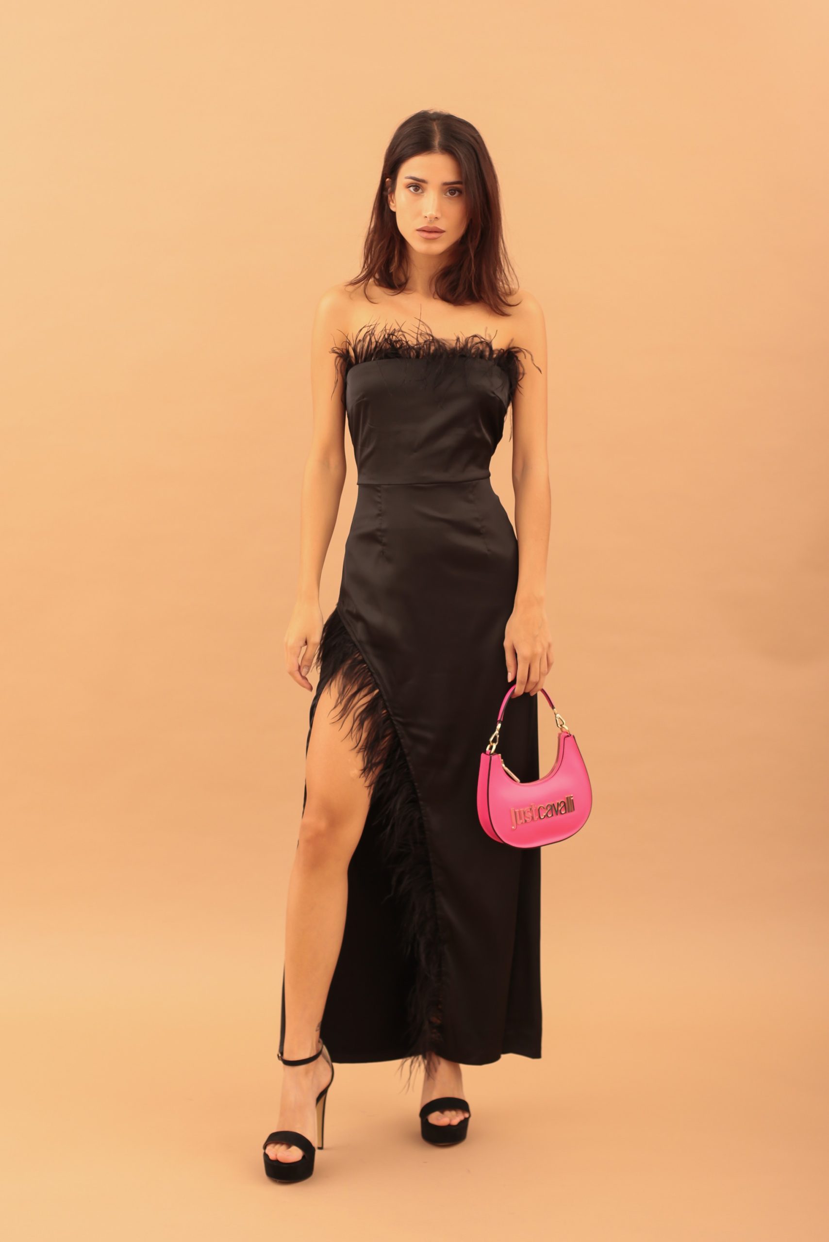 MAXI SATIN FEATHER DRESS - BLACK