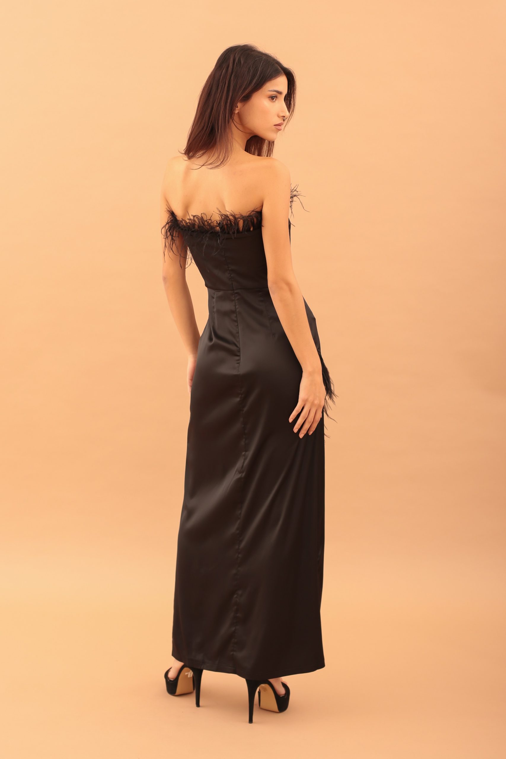 MAXI SATIN FEATHER DRESS - BLACK - Image 2