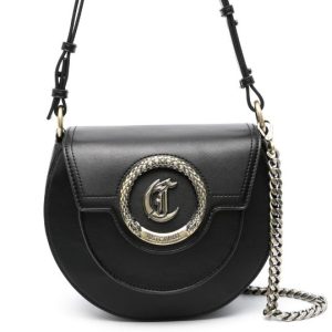 JUST CAVALLI CIRCULAR ROUND LOGO SHOULDER BAG - BLACK