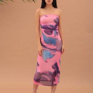 STRAPLESS MAXI MESH DRESS - PINK