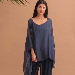 SILK BATWING BLOUSE - NAVY BLUE