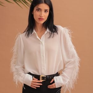 GALINA FEATHER SLEEVED SHIRT - WHITE