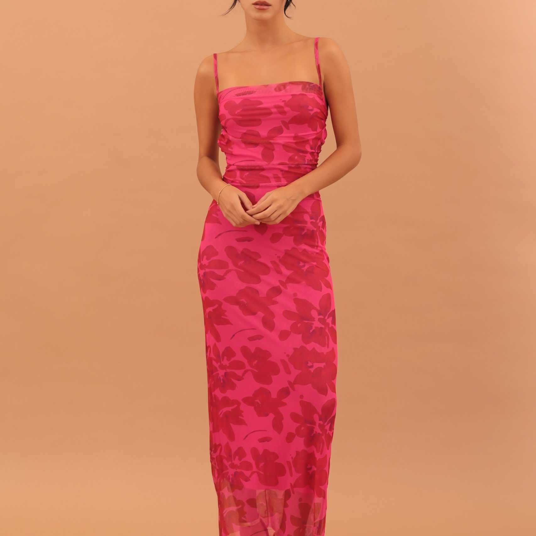 MESH DRAPED FUSCHIA FLORAL DRESS