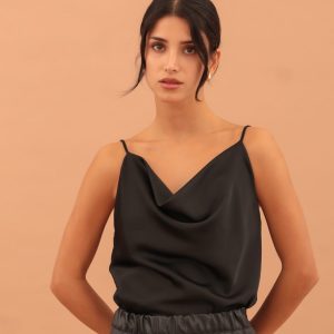 SATIN DRAPED TOP - BLACK