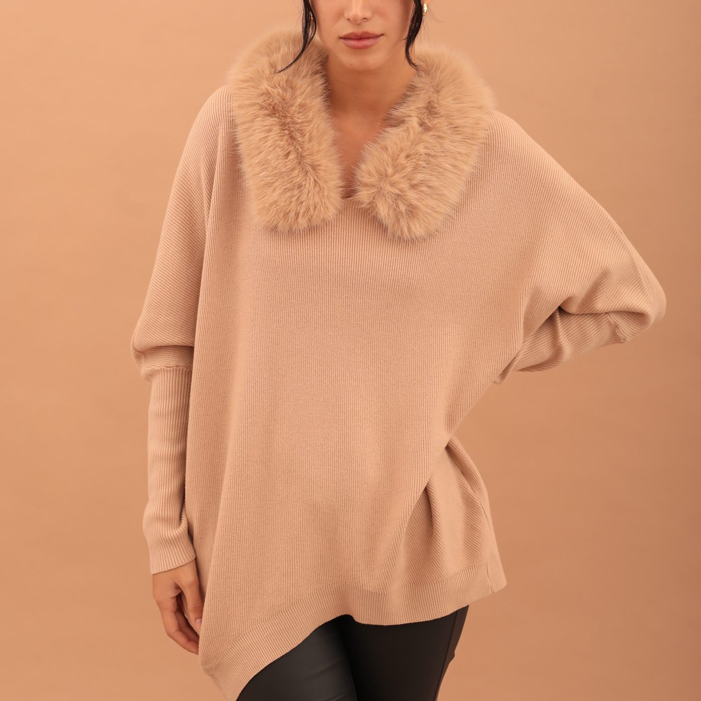 RIB KNIT FUR HOODIE TOP - CAMEL