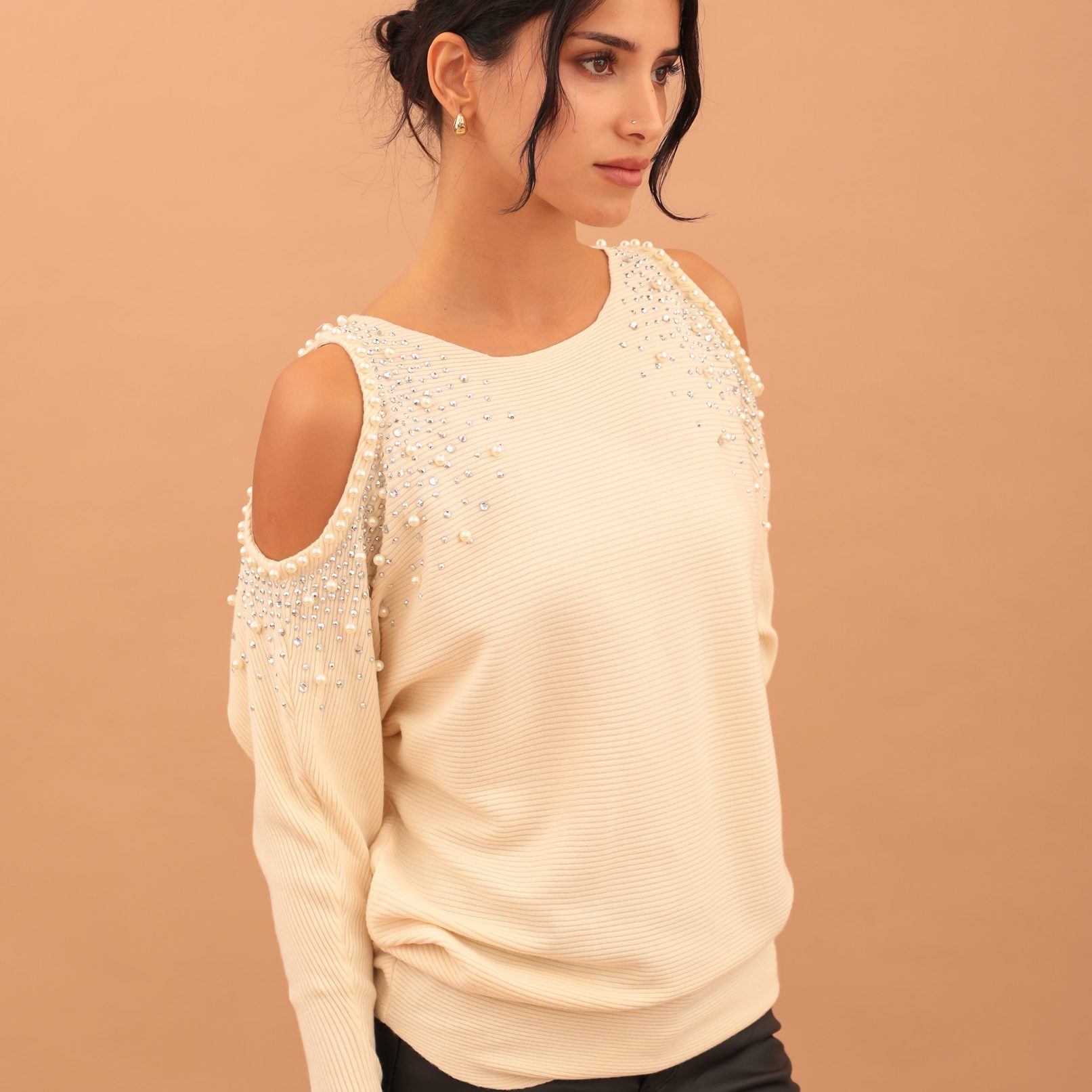 EMBELLISHED CUT OUT SHOULDER KNIT - BEIGE