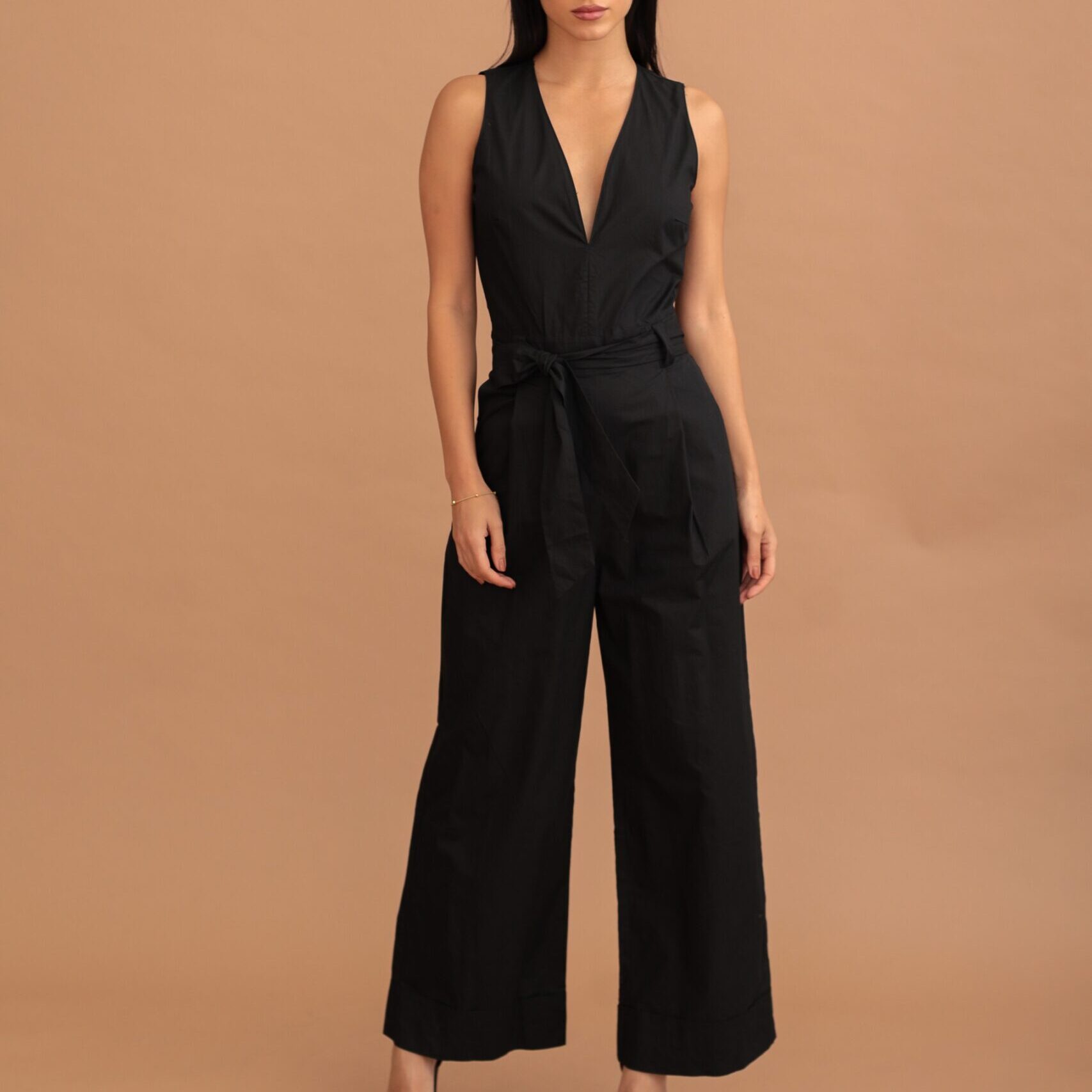 LUCIA SLIT-BACK COTTON JUMPSUIT - BLACK