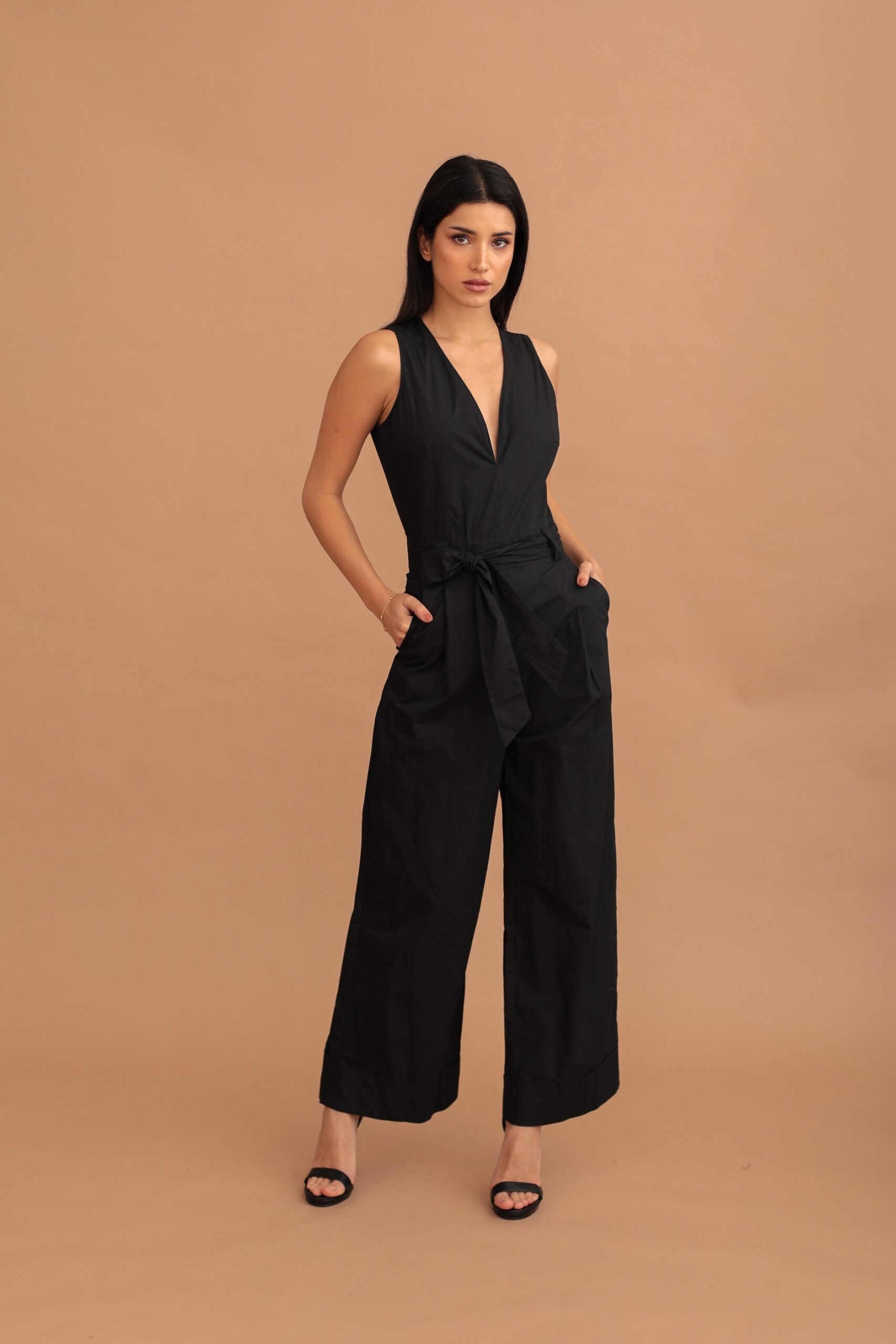 LUCIA SLIT-BACK COTTON JUMPSUIT - BLACK - Image 3