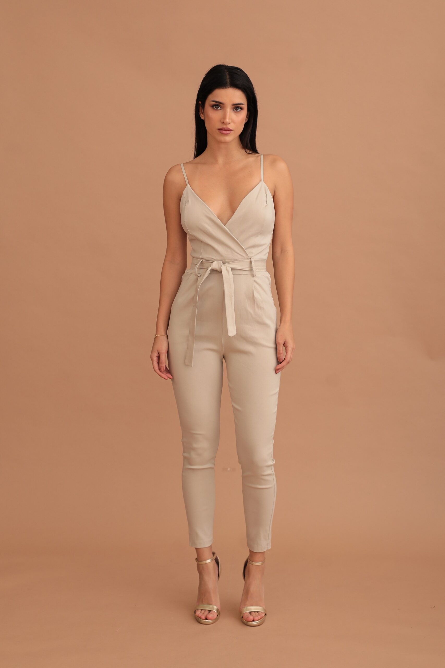 NADIA STRAPPED ELASTIC JUMPSUIT - BEIGE - Image 4