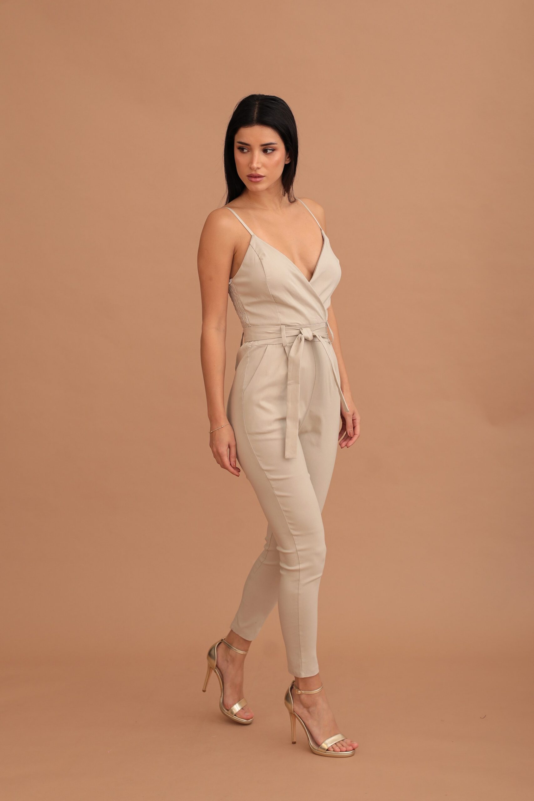 NADIA STRAPPED ELASTIC JUMPSUIT - BEIGE - Image 2
