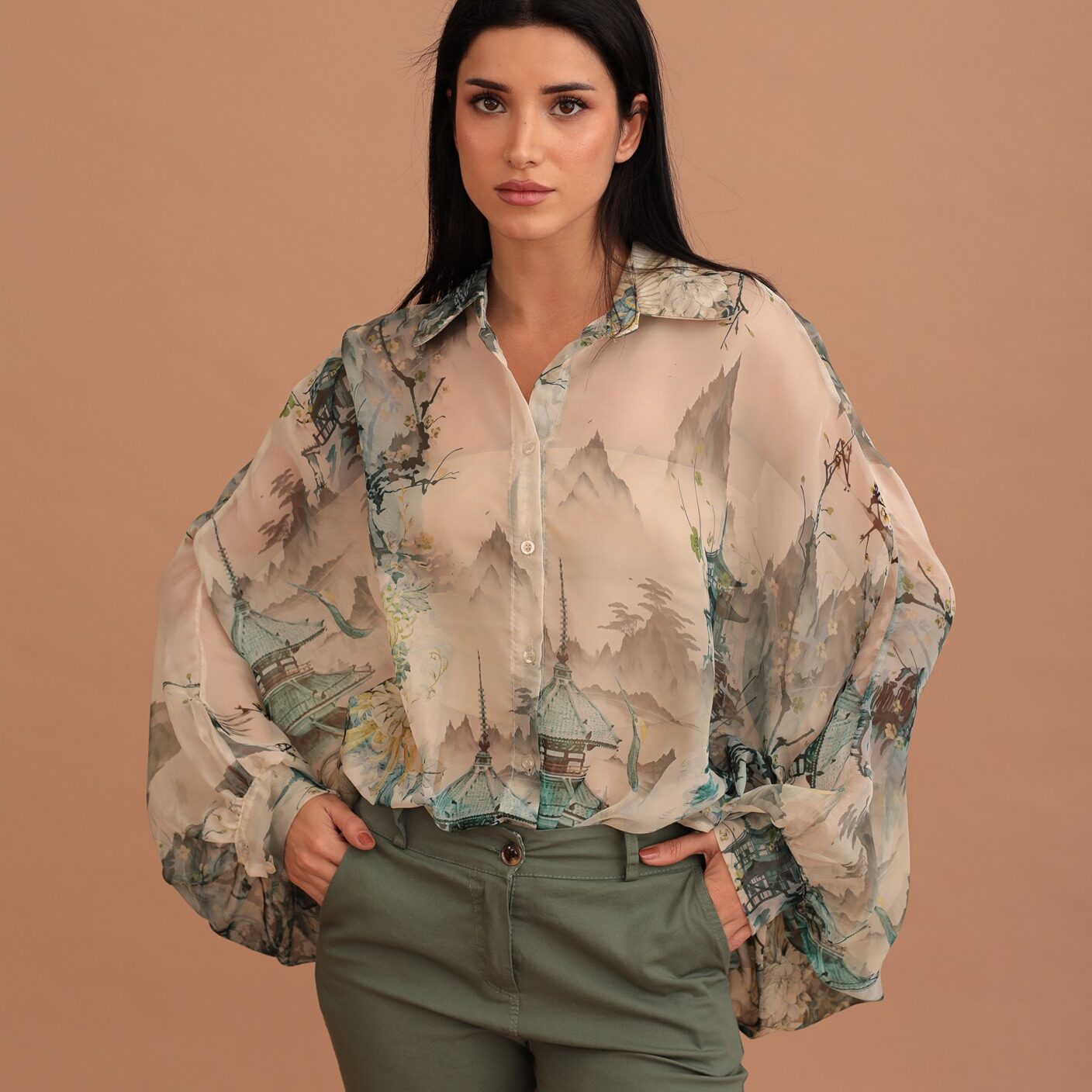 AKIRA CHIFFON PRINT SHIRT - GREEN