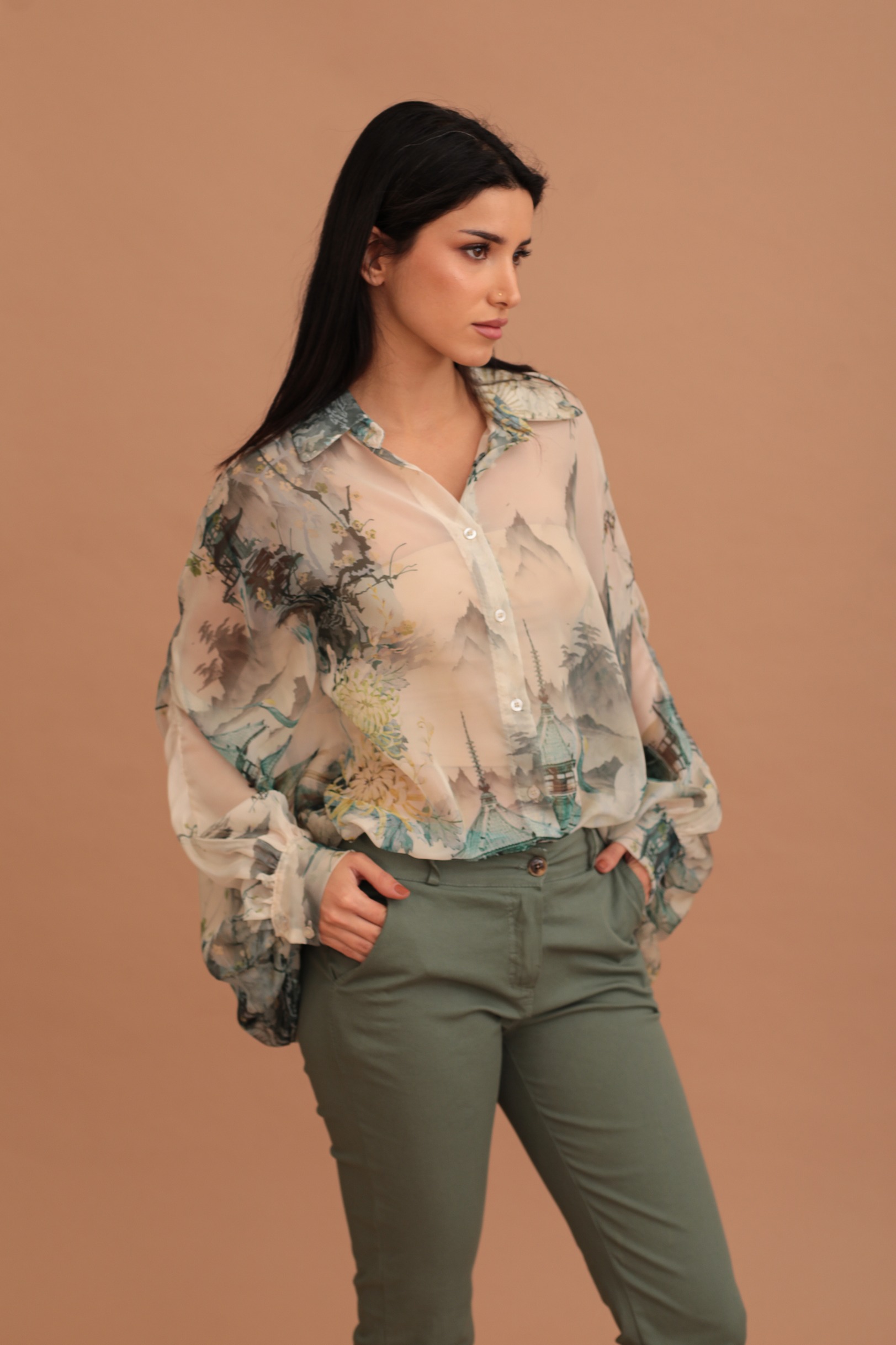 AKIRA CHIFFON PRINT SHIRT - GREEN - Image 4
