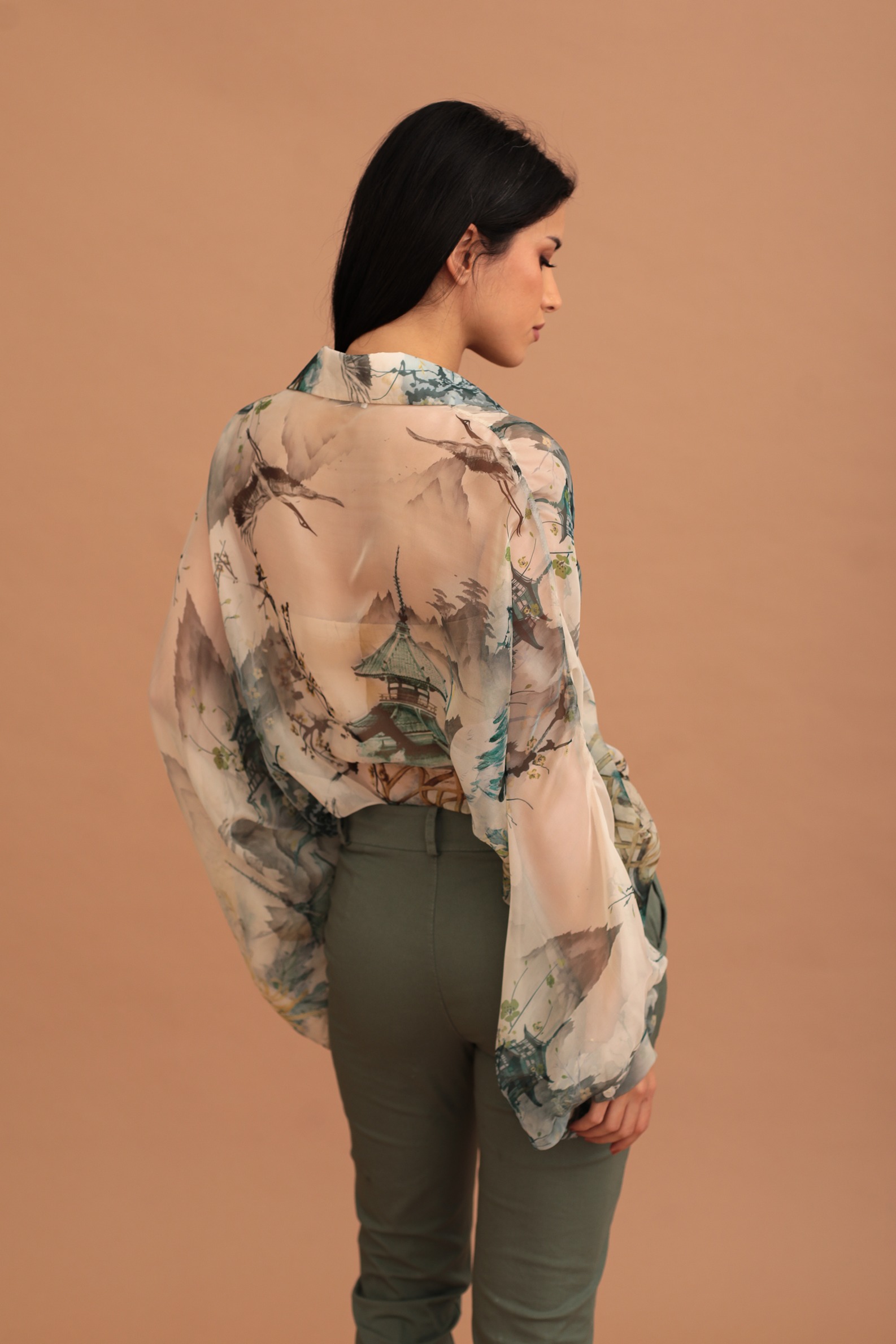 AKIRA CHIFFON PRINT SHIRT - GREEN - Image 2