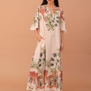 SAFARI SATIN SHORT-SLEEVE DRESS - BEIGE