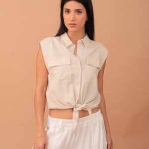 LINEN SLEEVELESS WRAP TOP - BEIGE
