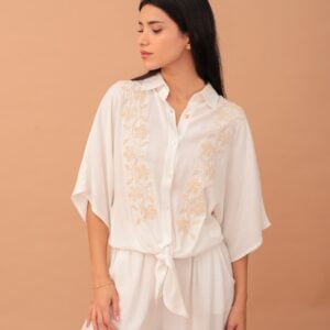 FLORAL EMBROIDERED WRAP SHIRT - WHITE