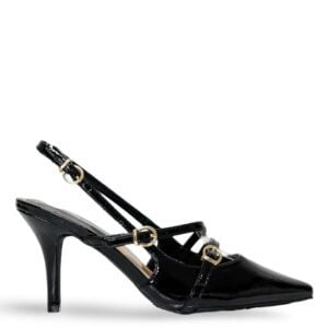 PATENT STRAPPED MULES - BLACK