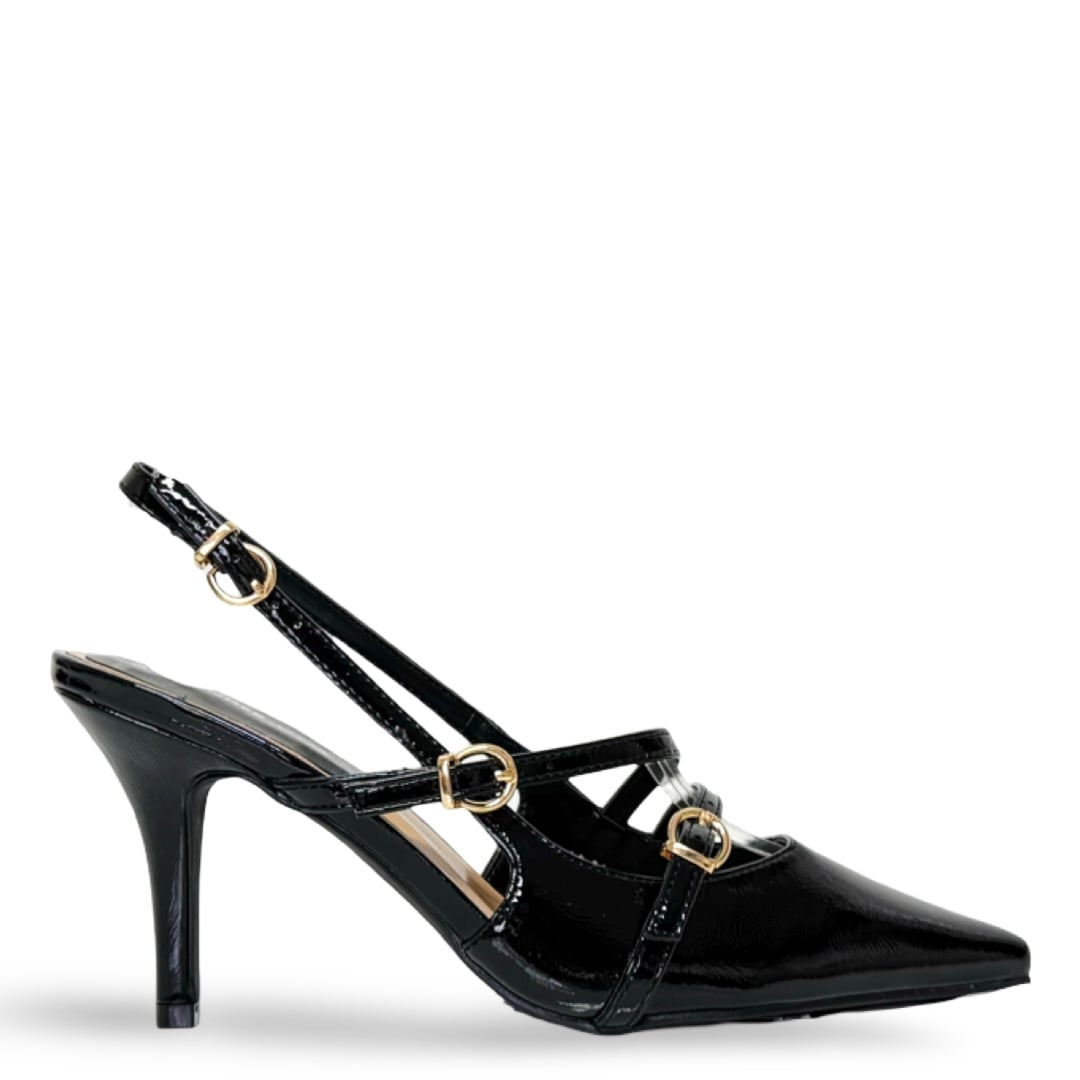 PATENT STRAPPED MULES - BLACK