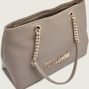 JUST CAVALLI LARGE CHAINED SAFFIANO SHOULDER BAG - TAUPE