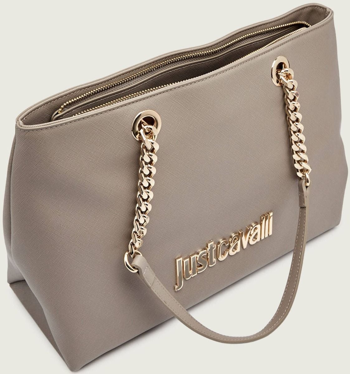 JUST CAVALLI LARGE CHAINED SAFFIANO SHOULDER BAG - TAUPE