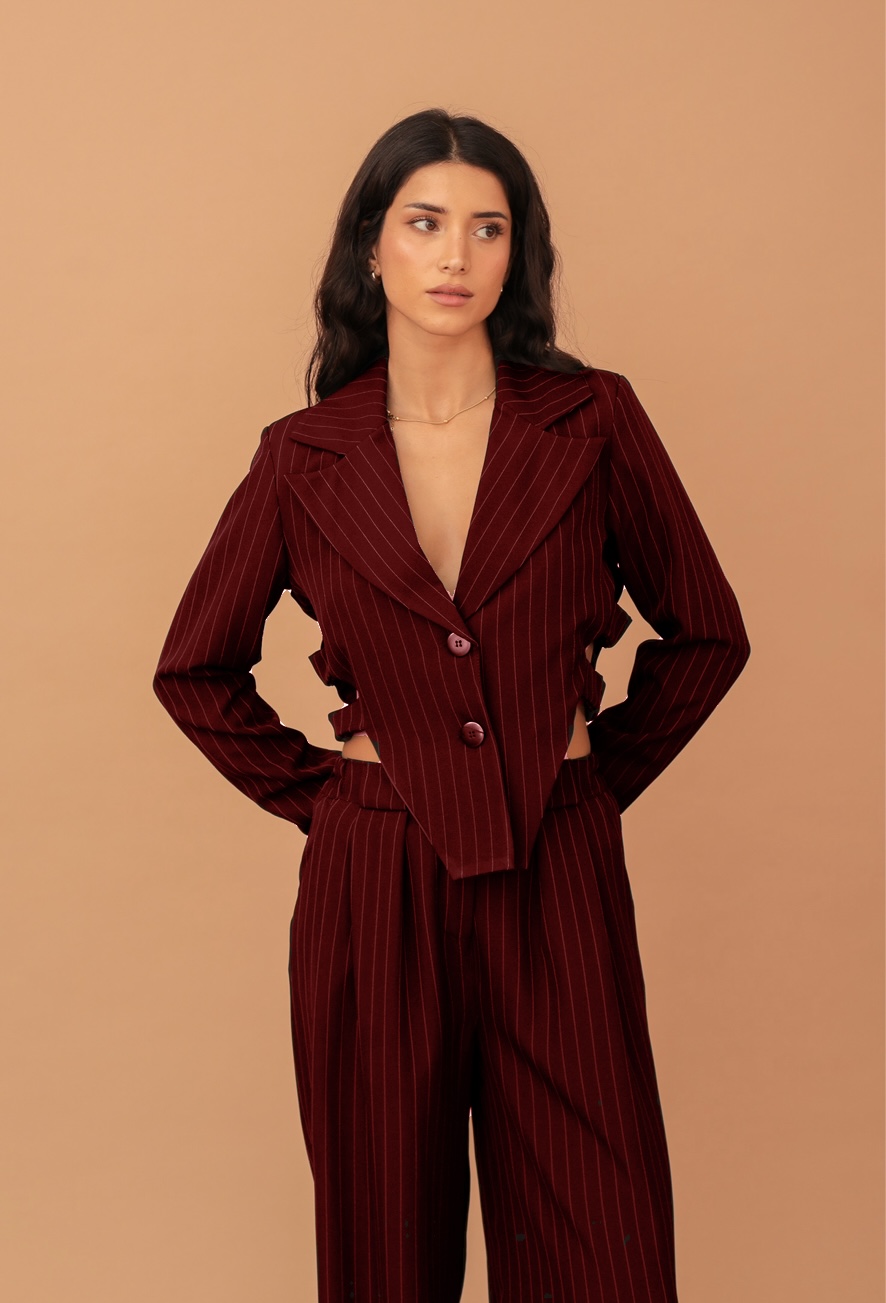 LUCY CUT-OUT STRIPED BLAZER - BORDEAUX - Image 2
