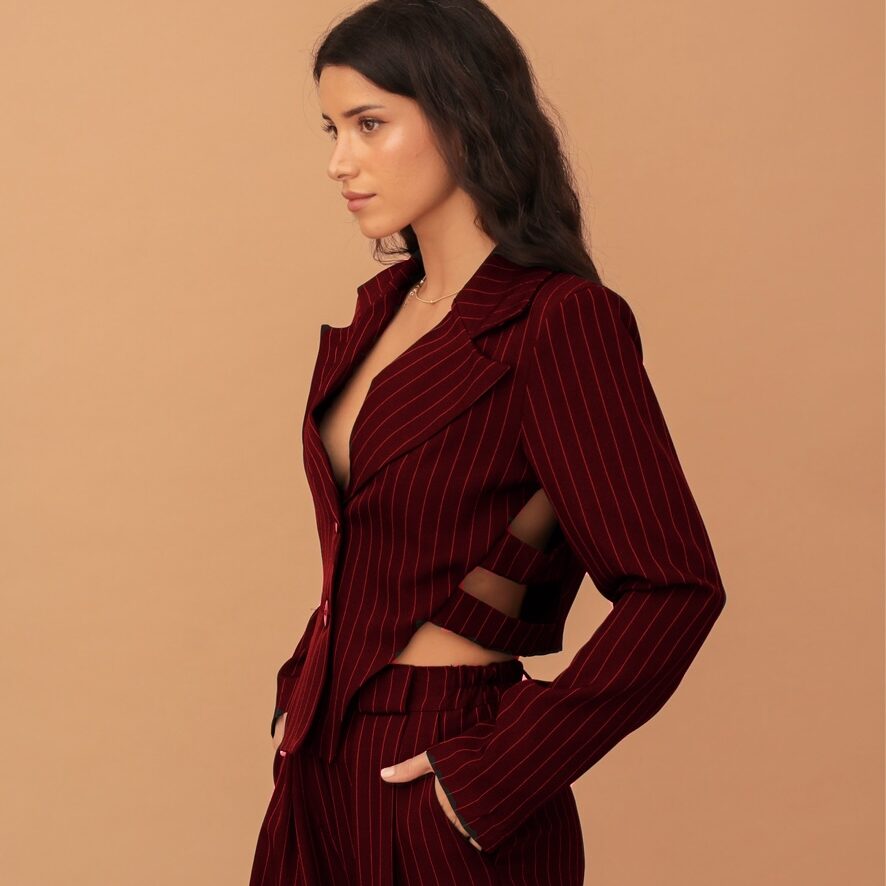 LUCY CUT-OUT STRIPED BLAZER - BORDEAUX