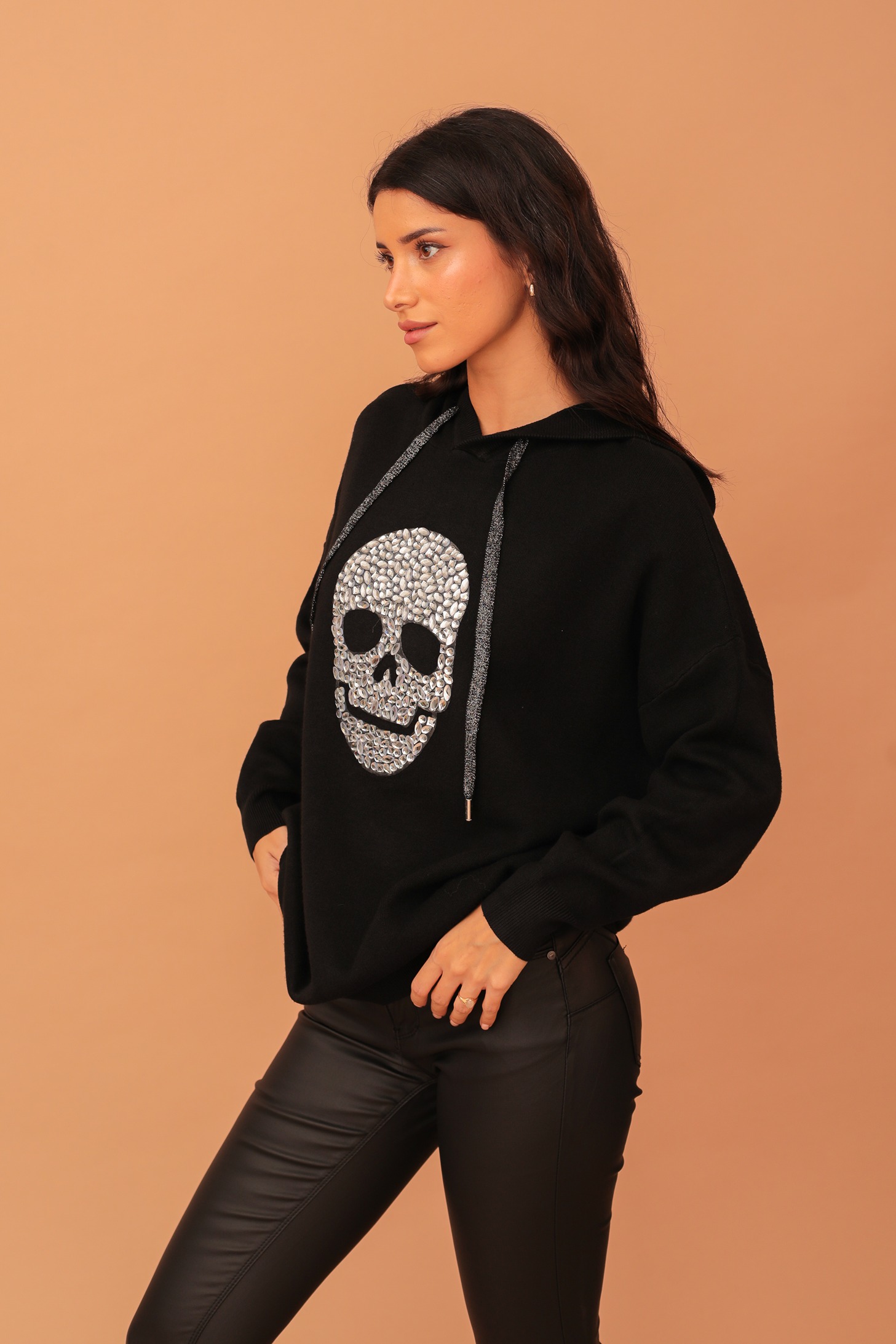AMELIA SKULL CRYSTAL HOODIE - BLACK - Image 3