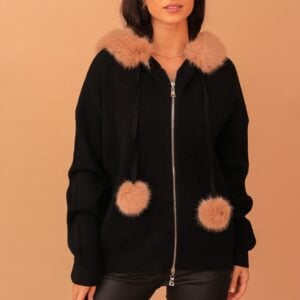 ELEANOR FUR-LINED POM POM KNIT JACKET - BLACK