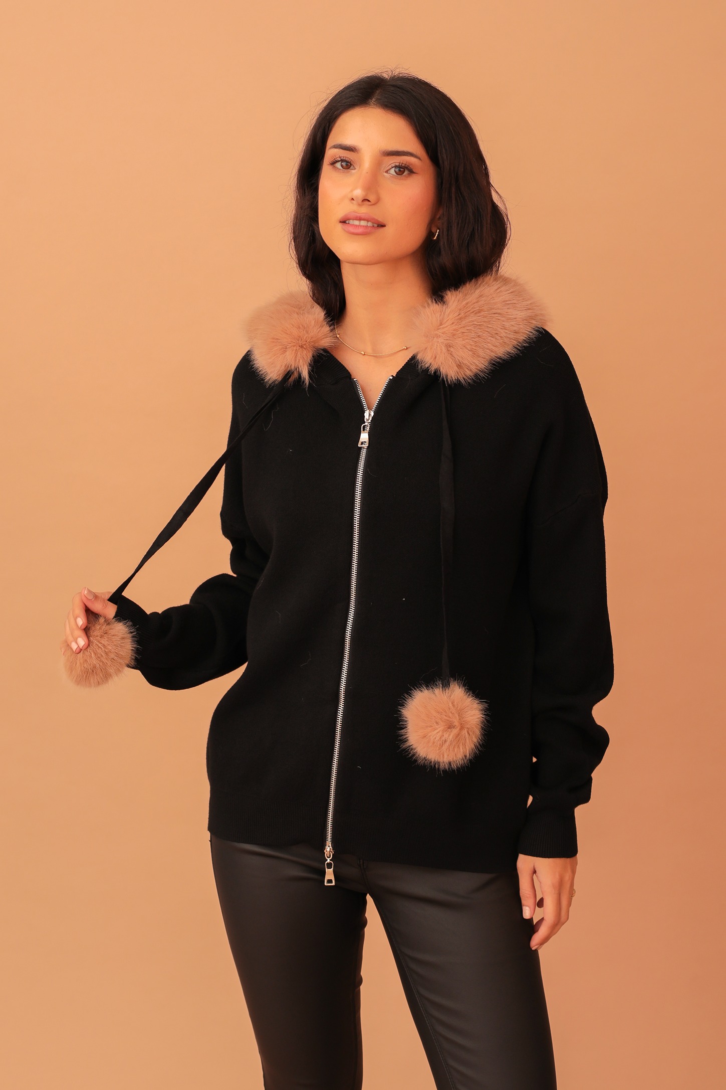 ELEANOR FUR-LINED POM POM KNIT JACKET - BLACK - Image 3