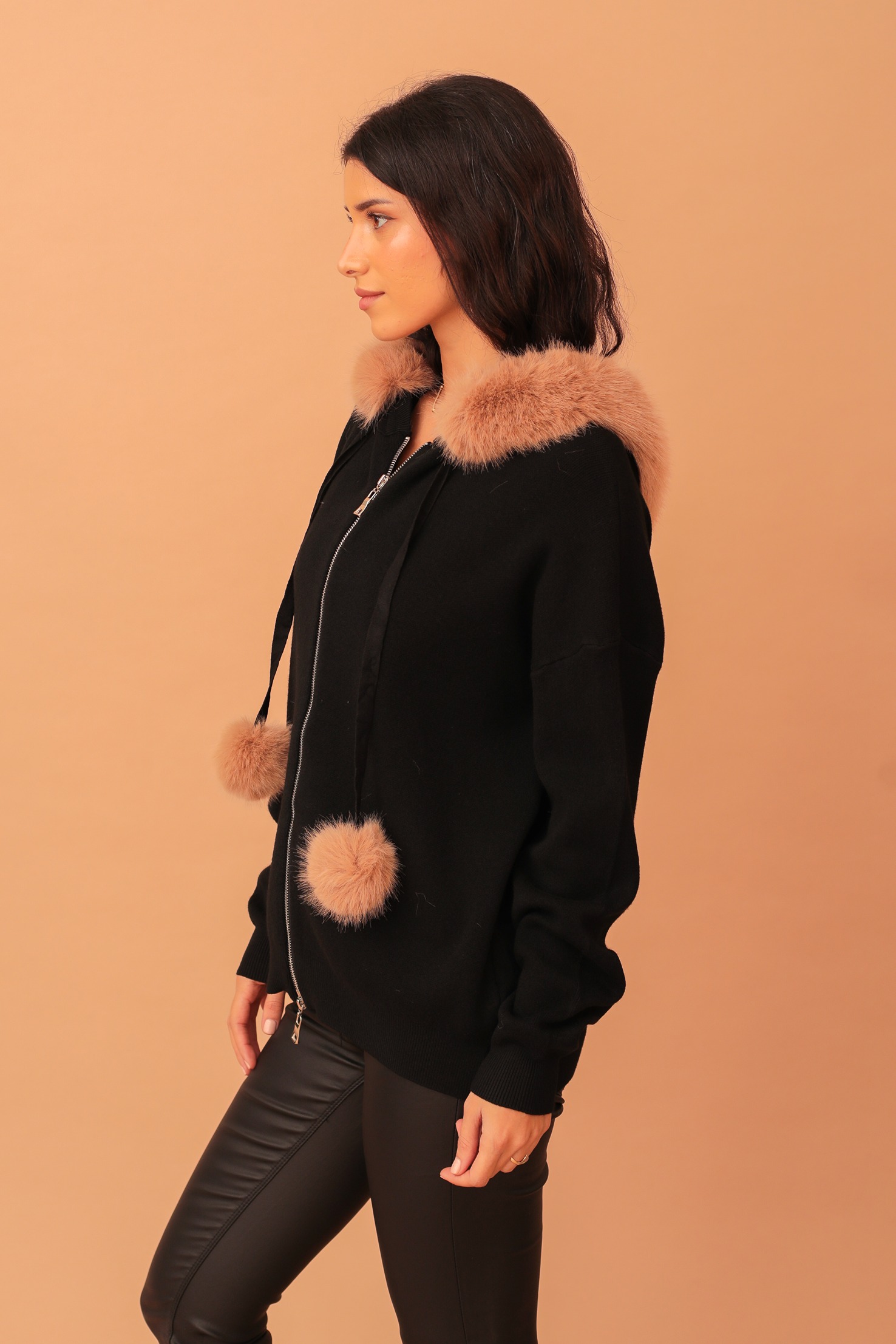 ELEANOR FUR-LINED POM POM KNIT JACKET - BLACK - Image 4