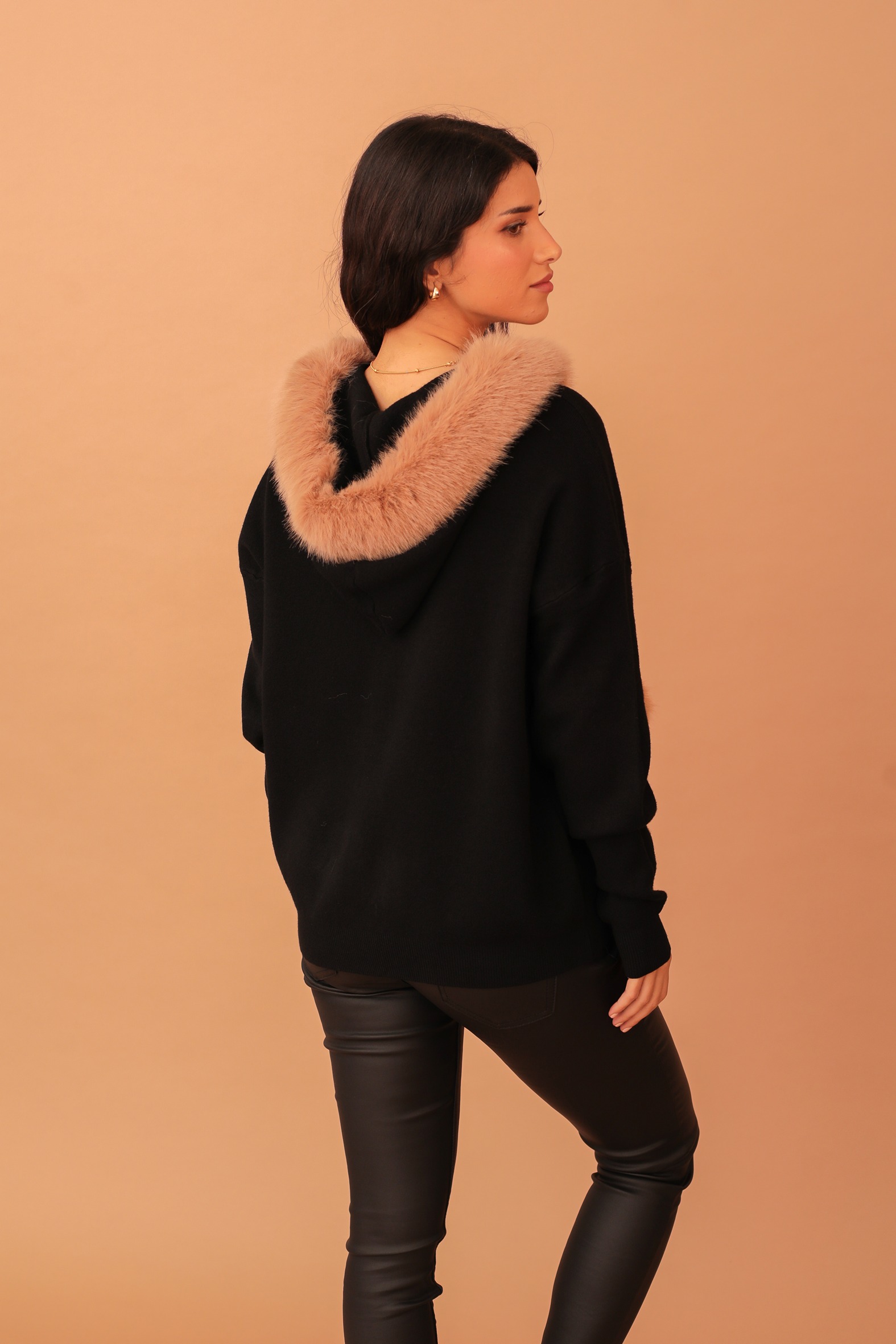 ELEANOR FUR-LINED POM POM KNIT JACKET - BLACK - Image 2