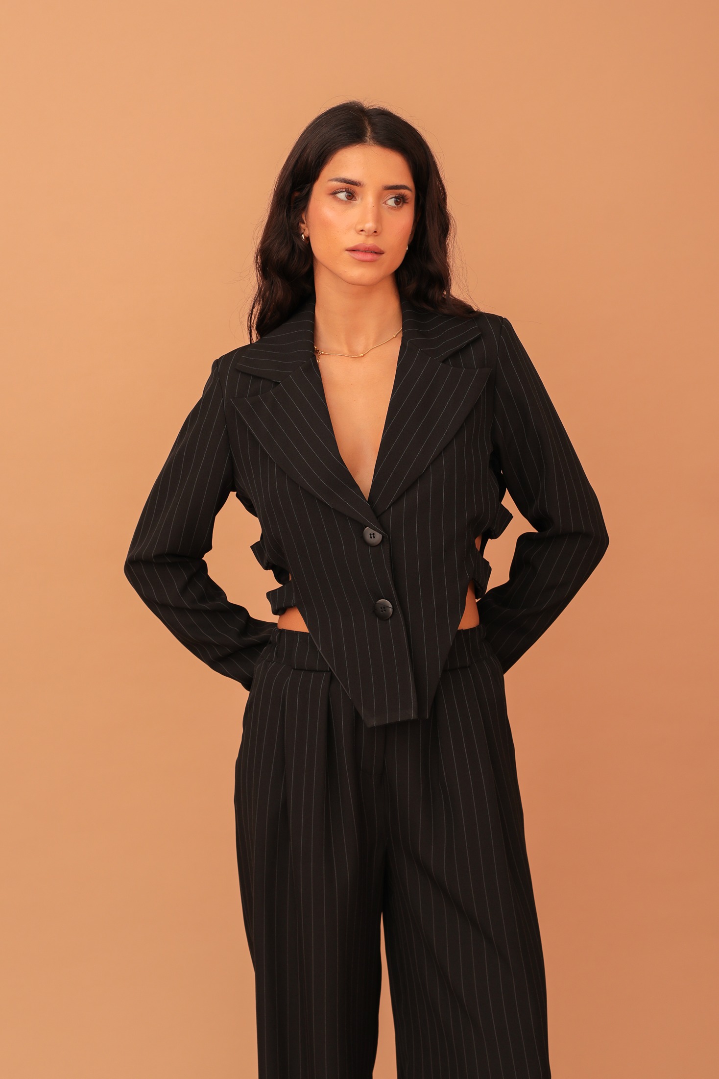LUCY CUT-OUT STRIPED BLAZER - BLACK - Image 2