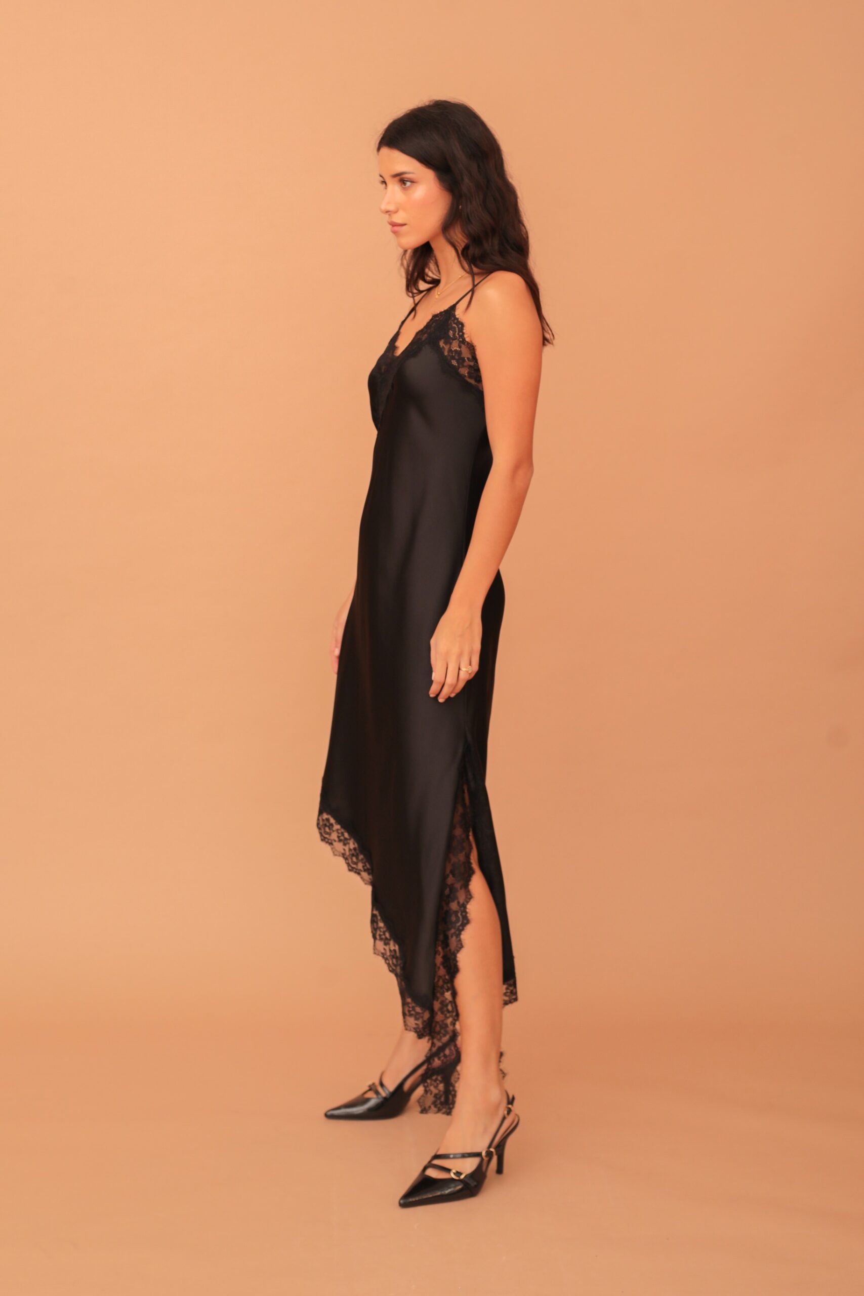 LAYLA SATIN LACE-LINED DRESS - BLACK - Image 3