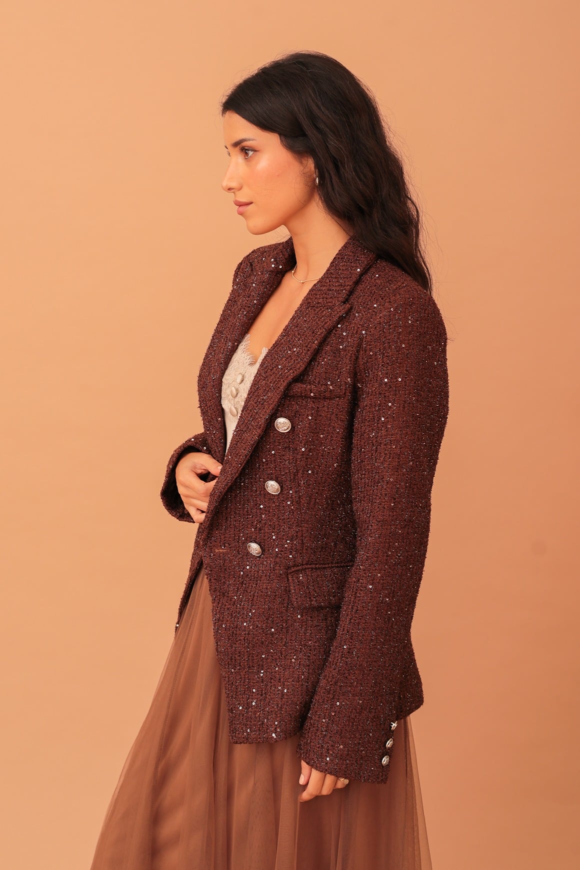 NAOMI SEQUIN TWEED BLAZER - BROWN - Image 2