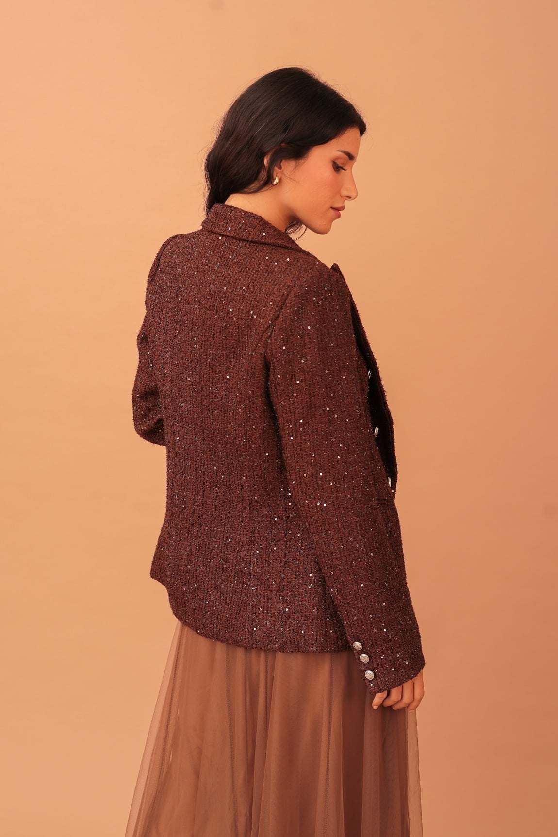 NAOMI SEQUIN TWEED BLAZER - BROWN - Image 3