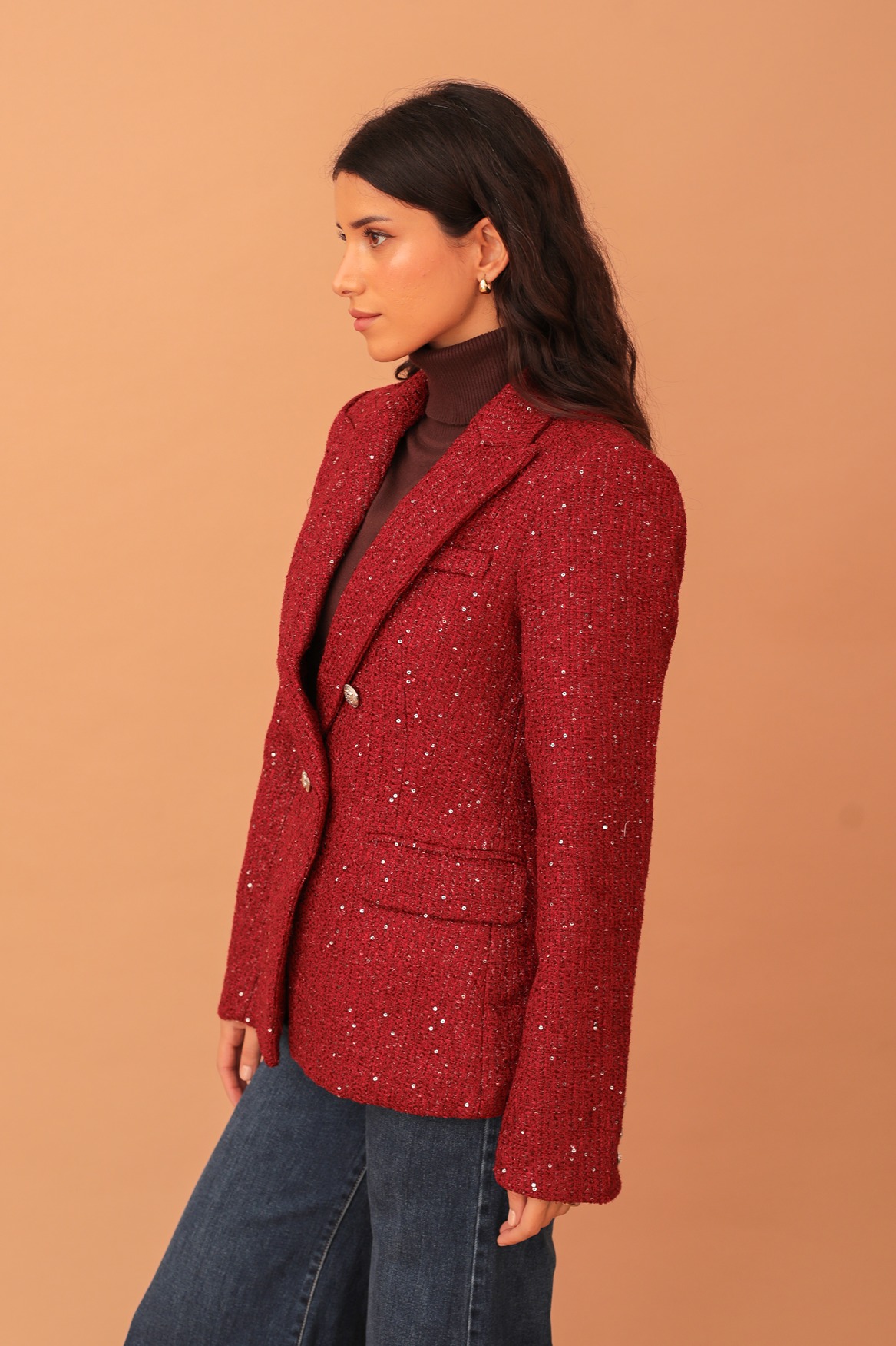 NAOMI SEQUIN TWEED BLAZER - RED - Image 3
