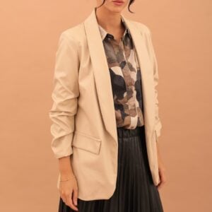 MIRABEL FAUX LEATHER RUFFLE SLEEVE BLAZER - BEIGE