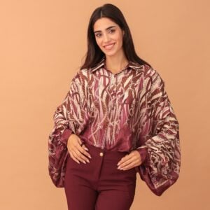 ALINA CHAIN-PRINT WIDE SLEEVE SHIRT - BORDEAUX