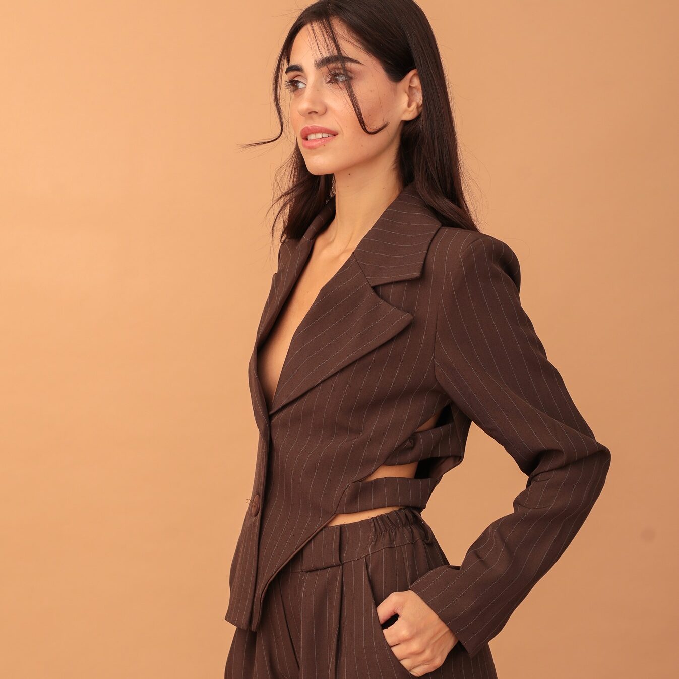 LUCY CUT-OUT STRIPED BLAZER - BROWN