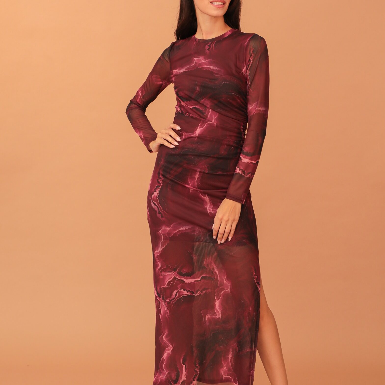 MESH PRINT DRESS - BORDEAUX
