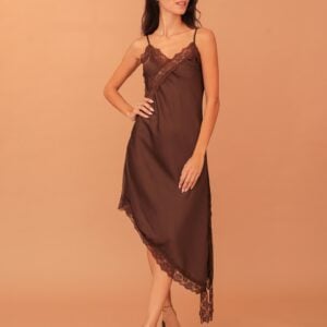 LAYLA SATIN LACE-LINED DRESS - BROWN
