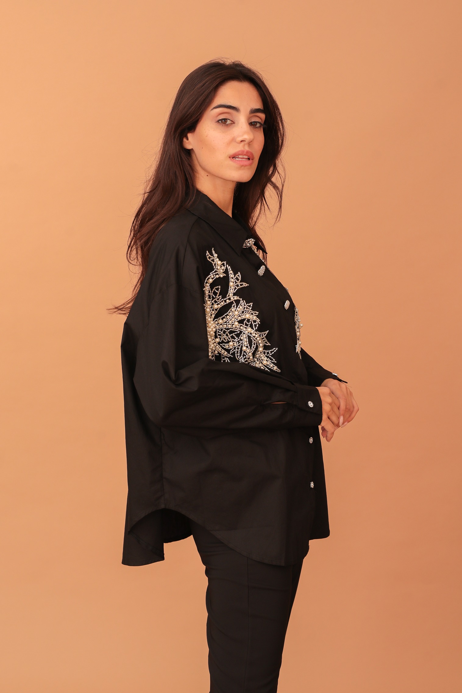 NOELLE CRYSTAL EMBELLISHED SHIRT - BLACK - Image 3
