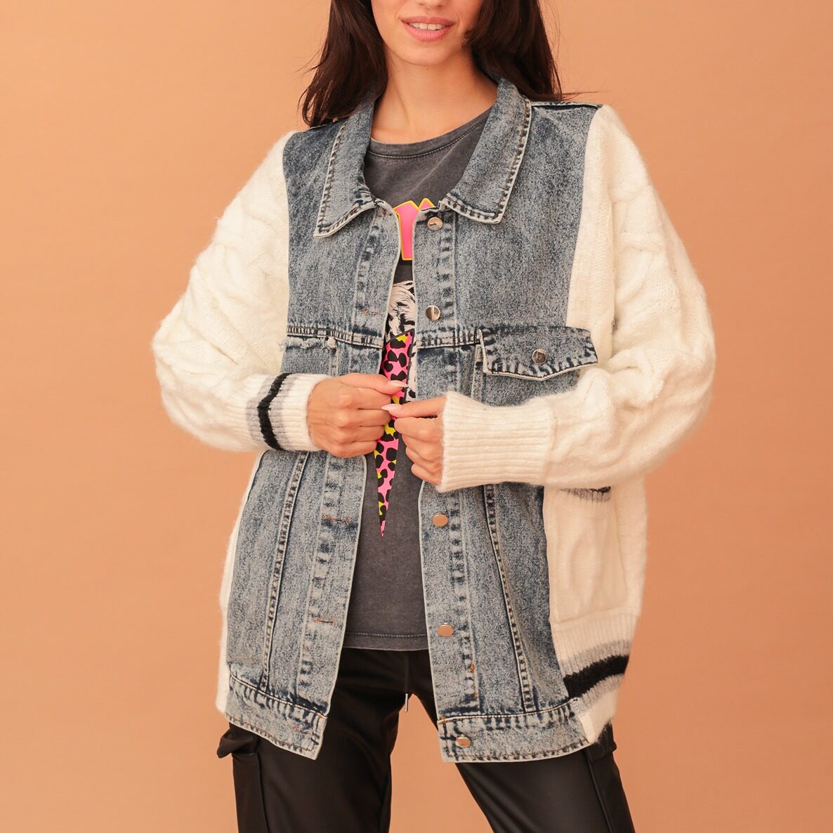 IMOGEN DENIM AND WHITE-KNIT CARDIGAN