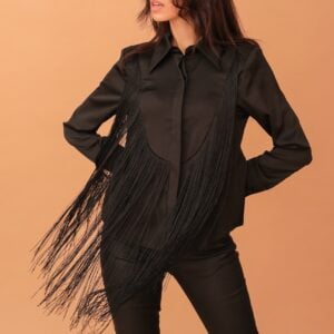 REBECCA FRINGED SATIN SHIRT - BLACK