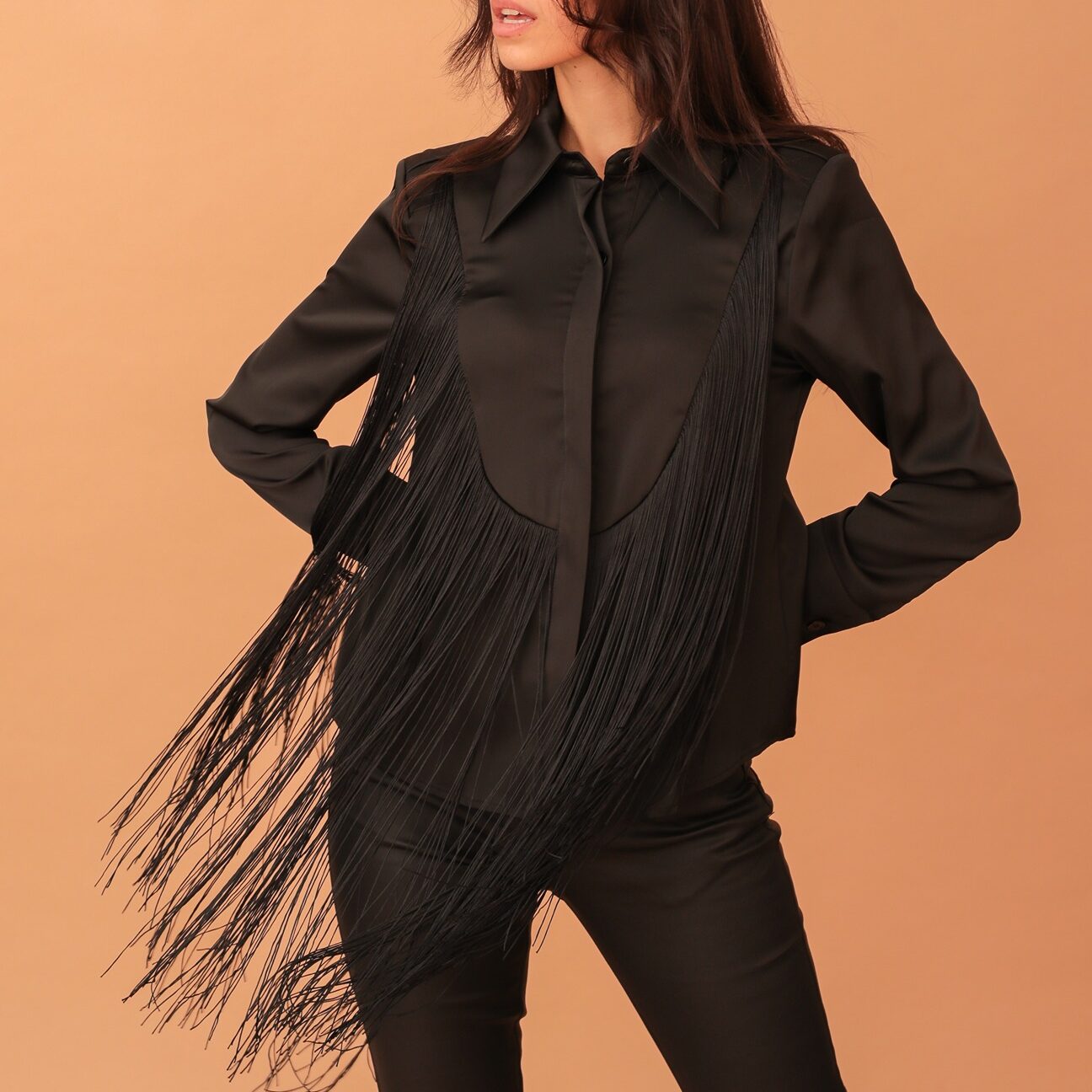 REBECCA FRINGED SATIN SHIRT - BLACK