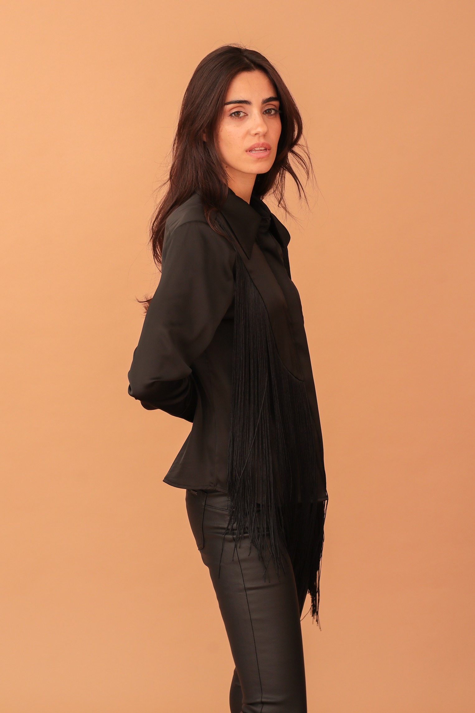 REBECCA FRINGED SATIN SHIRT - BLACK - Image 3